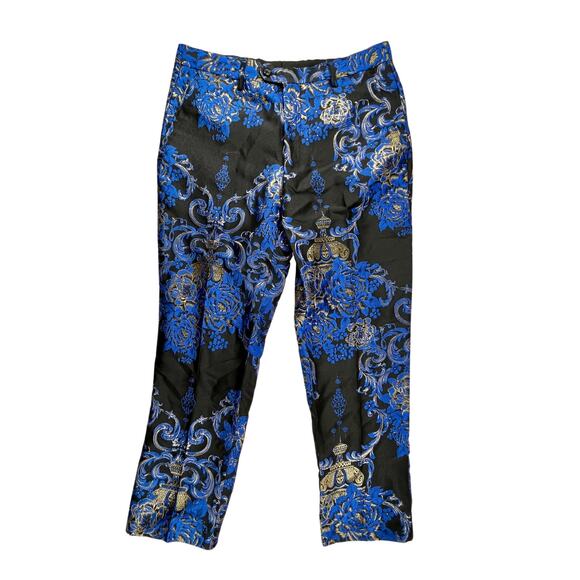 AKIRA | 34L Avant Garde Prom Blue Black Gold Metallic Brocade Trouser Pants - Picture 1 of 8